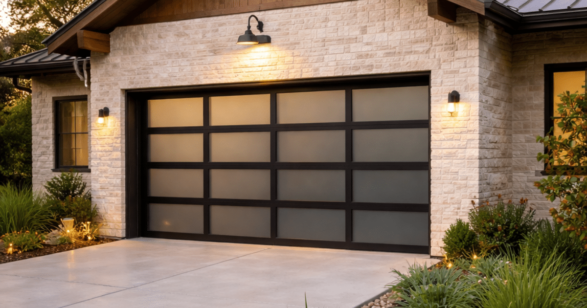 Close-up of an Austin, TX, upgraded garage door connected to a smart opener.